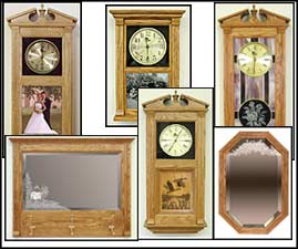 wooden clock, wall clocks, mantel clock, decorative mirrors, stained glass clock, etched mirror